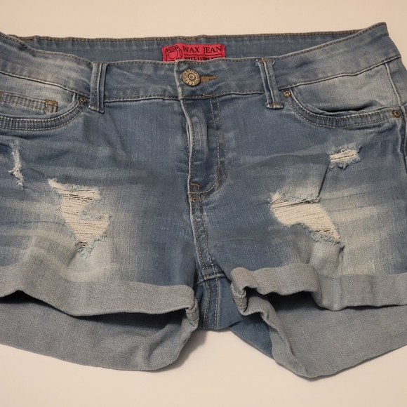 Women's wax Jean destructed Cuffed faded stretch blue light jean short size M - Picture 5 of 12